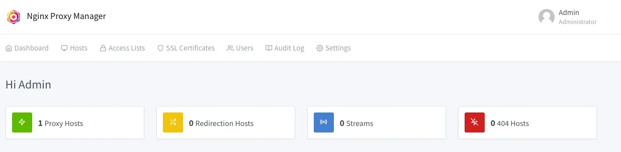 Nginx Proxy Manager dashboard for SSL setup in Proxmox