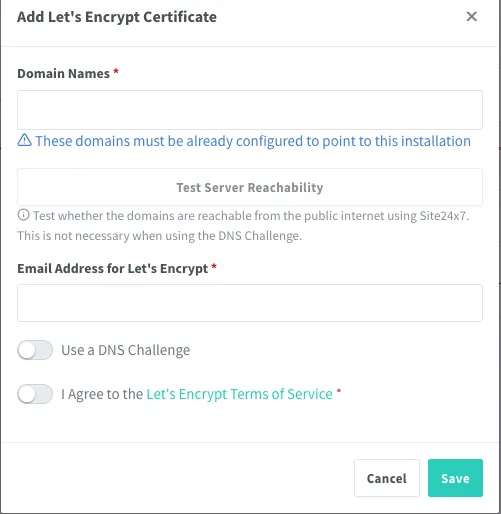 Nginx Proxy Manager Certificate Generation Modal